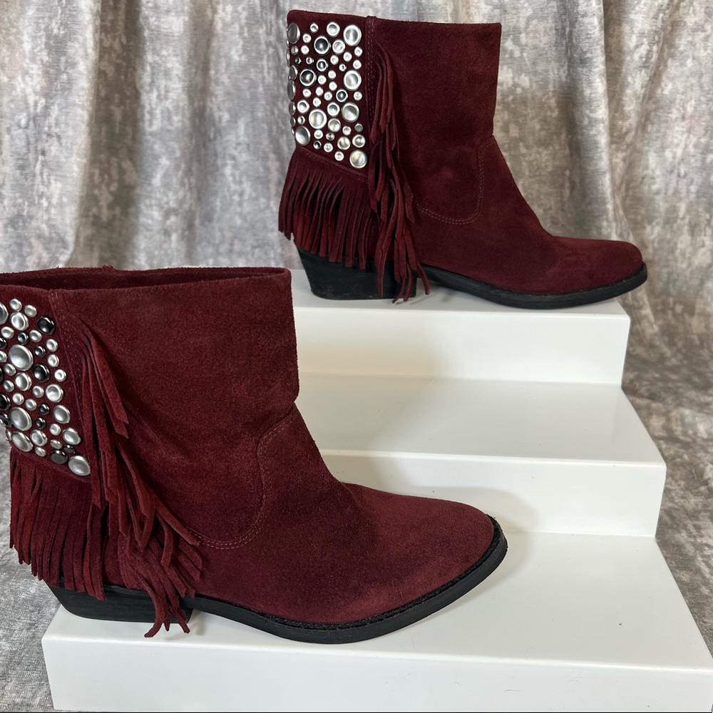Reba Short Western Boot Sz 6M Fringe Studded Suede Cowgirl Burgundy Wine Red